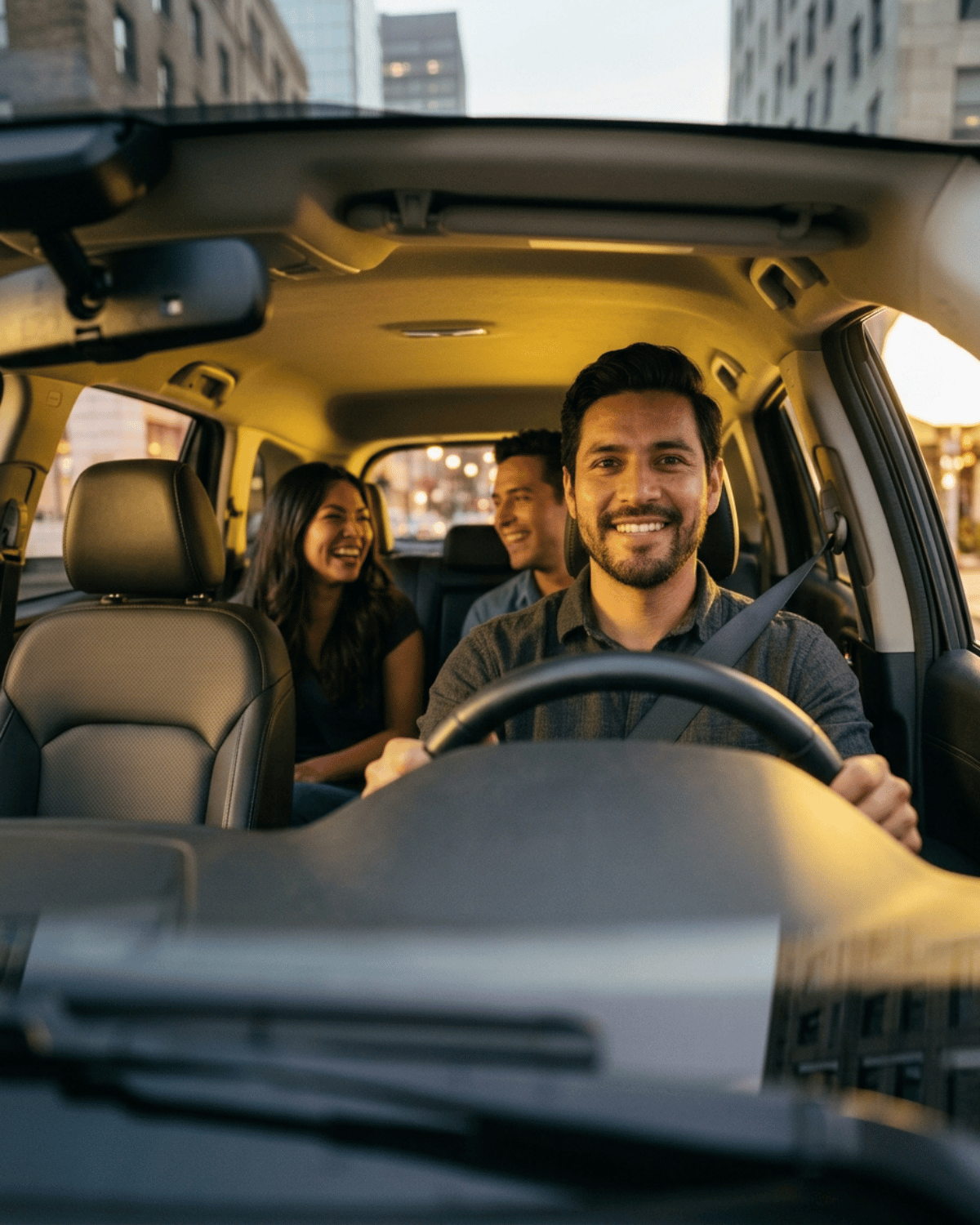 ASL Taxi driver giving a ride to two smiling passengers